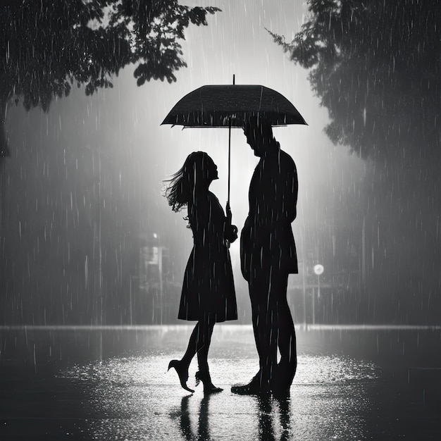 Silhouettes of a man and a woman standing in the rain under an umbrella