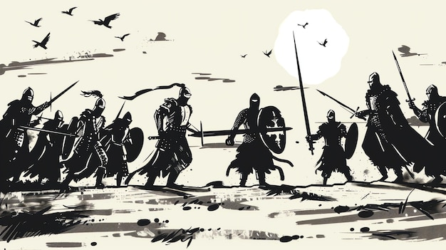 Silhouettes of medieval knights fighting in a field with birds flying overhead