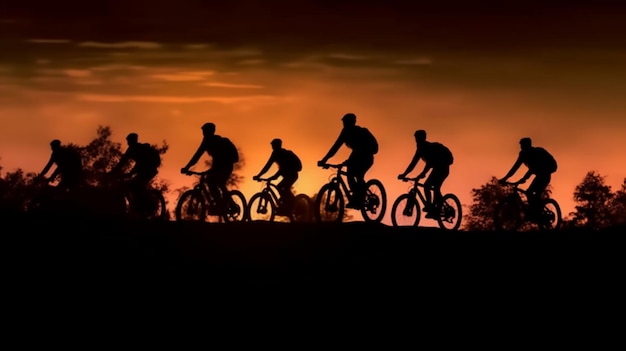 Silhouettes of mountain bikes and cyclists in the evening happily Travel and fitness concept