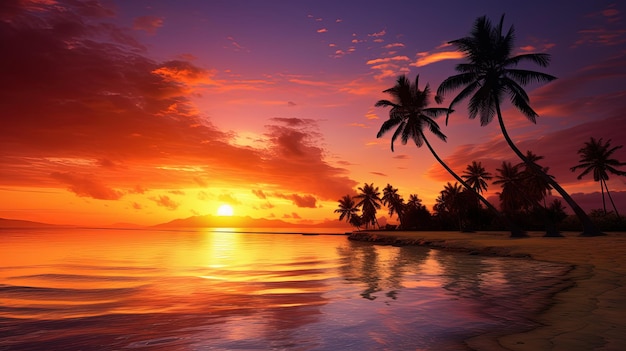 silhouettes of palm trees on a tropical beach at sunset