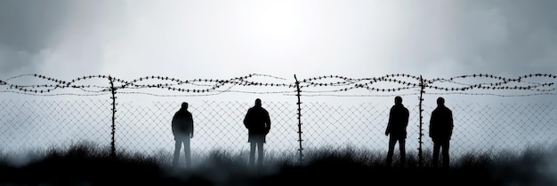 Photo silhouettes of people behind barbed wire fence international holocaust remembrance day yom hashoa horizontal banner free space for text flat illustration