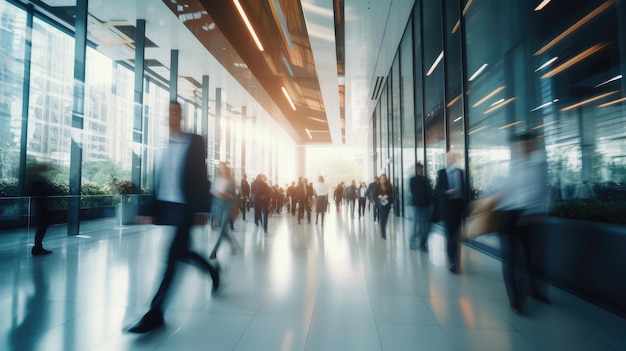 Silhouettes of people in business suits in a large light glass building Blurred movement of rushing businessmen managers in a modern office business center airport train station