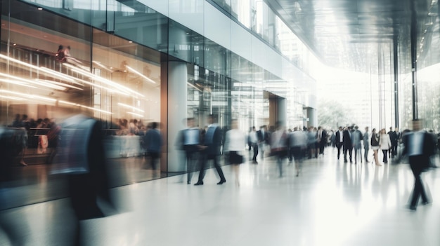 Silhouettes of people in business suits in a large light glass building Blurred movement of rushing businessmen managers in a modern office business center airport train station