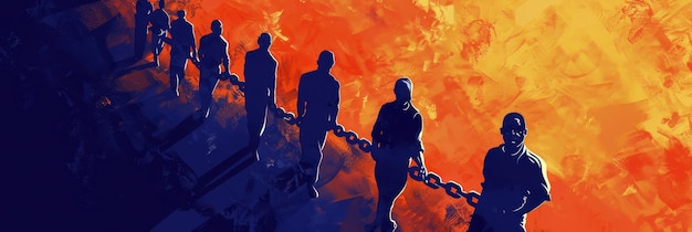 Silhouettes of people in chains International Day for the Abolition of Slavery Horizontal banner Copy space Day against trafficking in person Black History Month Remembrance of slave trade