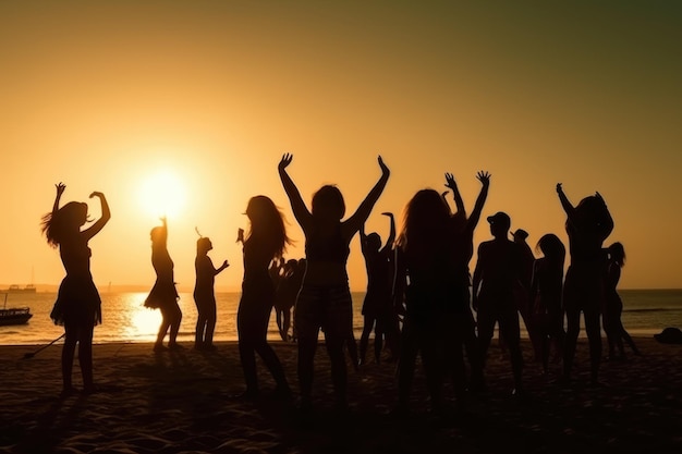 Silhouettes of People Dancing Summer Beach Party Concept