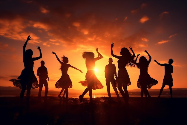 Silhouettes of people dancing at sunset Generative Ai