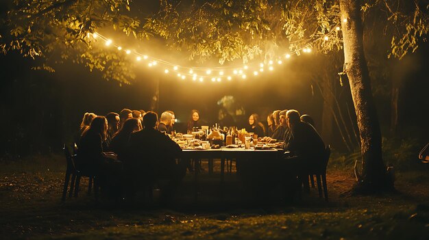 Photo silhouettes of people dining under a canopy of string lights in the woods at night