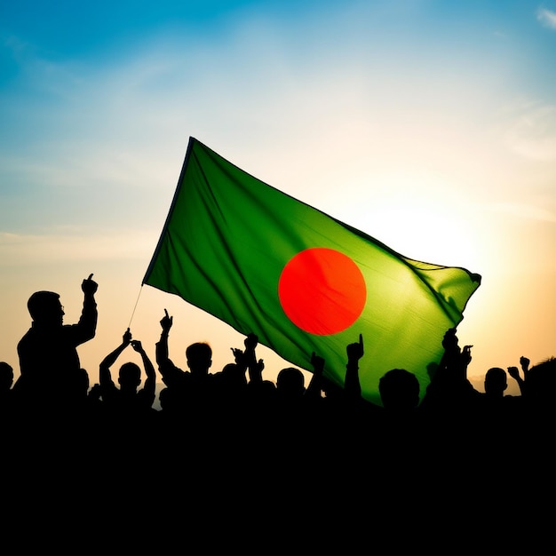 Silhouettes of People Holding Flag of Bangladesh