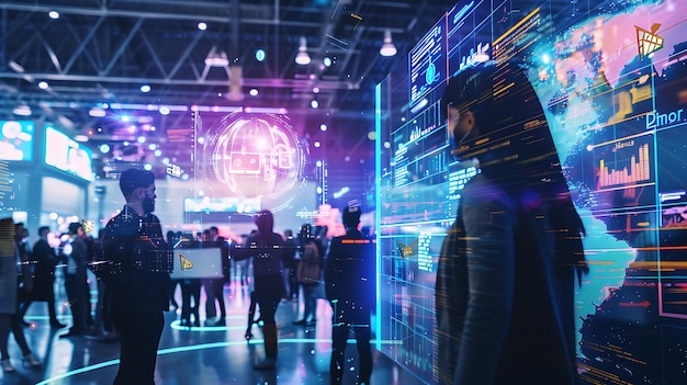 Silhouettes of People Interacting with Futuristic Holographic Displays at a Technology Conference