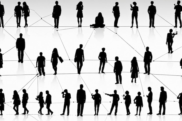 Photo silhouettes of people interconnected by digital network lines and dots symbolizing a social network