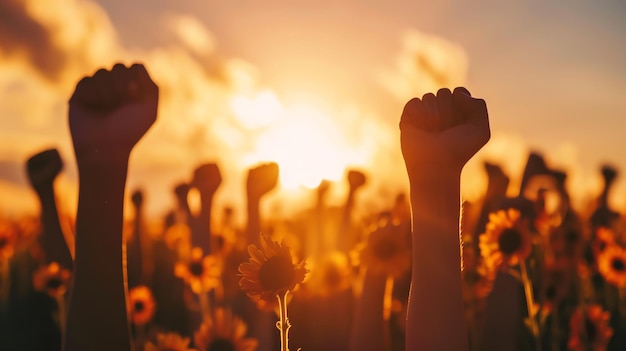 Photo silhouettes of people raising their fists in the air at sunset in a field of sunflowers