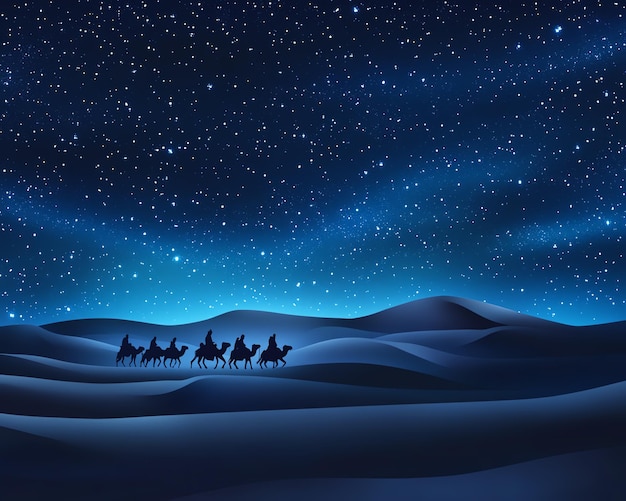 Photo silhouettes of people riding camels across a desert landscape under a starry night sky