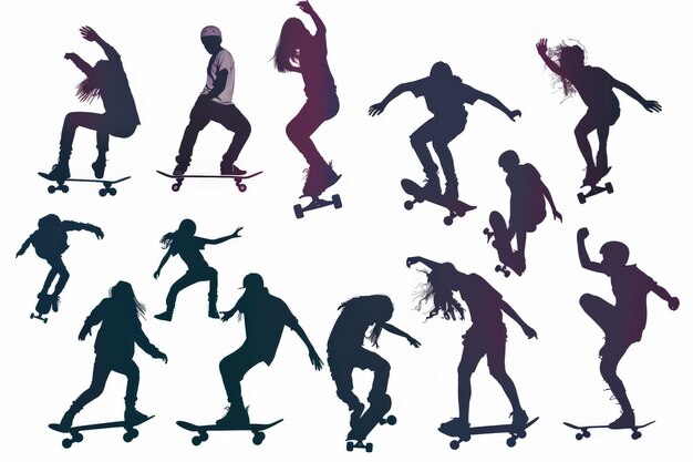 Photo silhouettes of people skateboarding teenagers ride a longboard jump and perform tricks urban skateboard sports vector illustration on white background