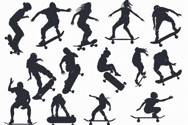 Photo silhouettes of people skateboarding teenagers ride a longboard jump and perform tricks urban skateboard sports vector illustration on white background