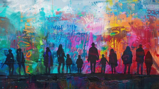 Silhouettes of People Standing Before Colorful Graffiti Wall A group of people silhouetted in