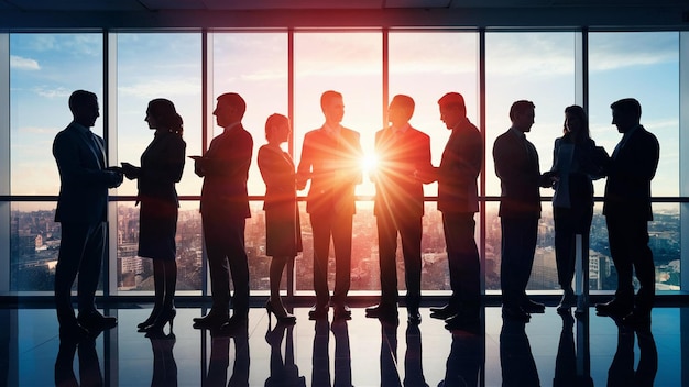 silhouettes of people standing in front of a window with the sun shining on them