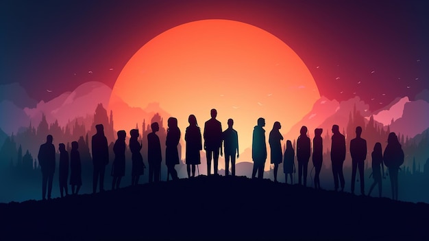 Silhouettes of people standing on a hill with a sunset in the background.