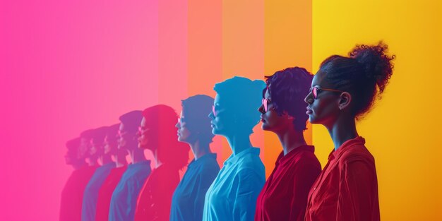 Photo silhouettes of people standing in a row on multicolored background