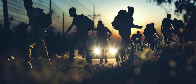 Silhouettes of people stride purposefully along a dimly lit path the headlights of a vehicle casting long shadows in the early morning dawn