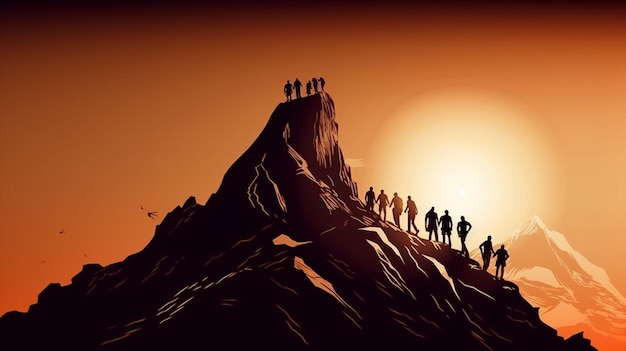 Silhouettes of people on top of mountain generative ai