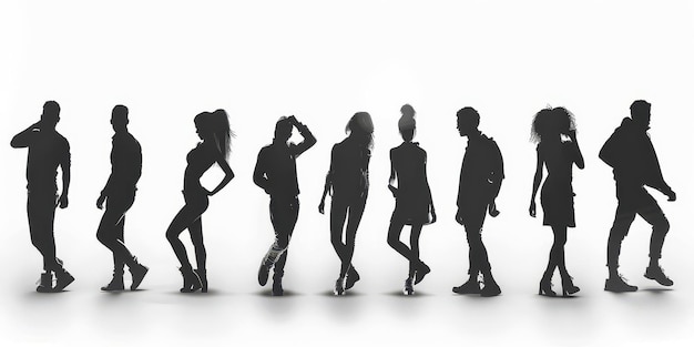 Silhouettes of people in various poses creating dramatic and artistic visuals