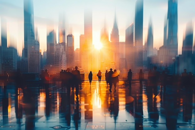 Silhouettes of People Walking in Front of a City Skyline at Sunrise