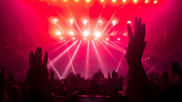 Silhouettes of raised hands at a music concert or festival