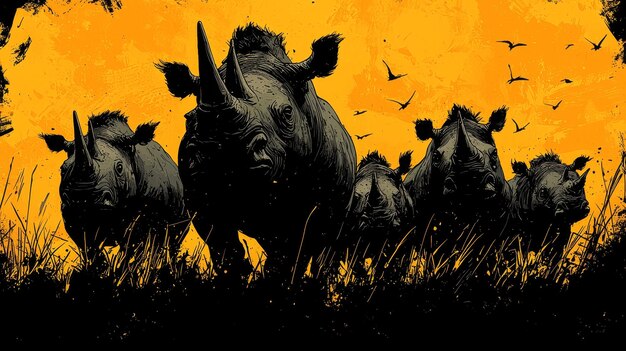 Silhouettes of Rhinos Against a Sunset Sky