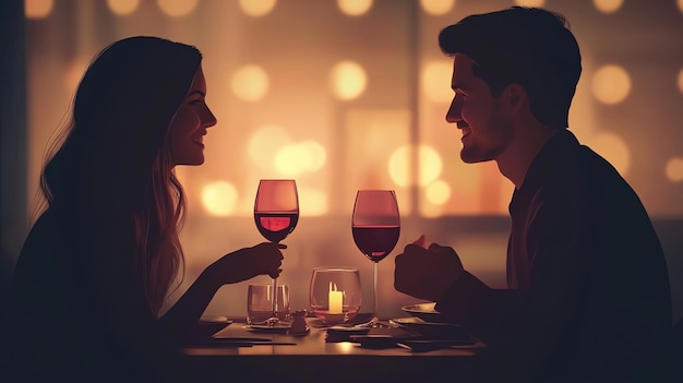 Silhouettes of a romantic couple on a date at a restaurant enjoying wine and conversation