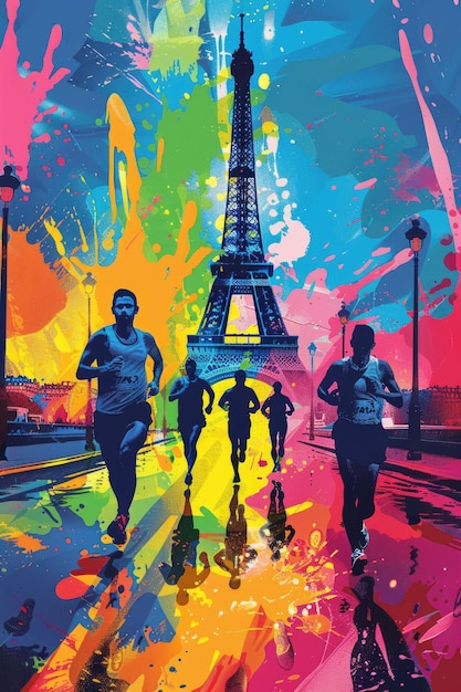 Silhouettes of runners in front of Eiffel Tower under a colorful graffiti sky