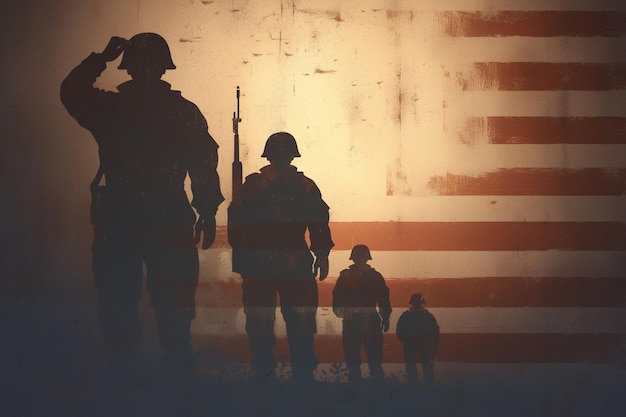 Silhouettes of soldiers saluting with Veterans Day on rusty iron background