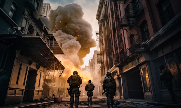 Silhouettes of soldiers walking by the city after bombing Building at backdrop is in fire and dark smoke Low angle view Generative AI