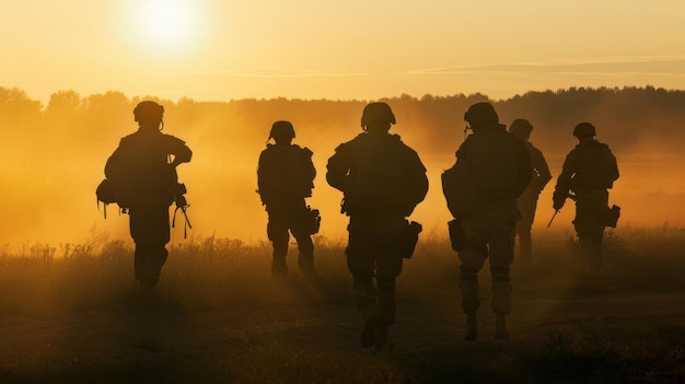 Silhouettes of soldiers walking through a sunlit dusty landscape creating a dramatic and contemplative scene at dawn