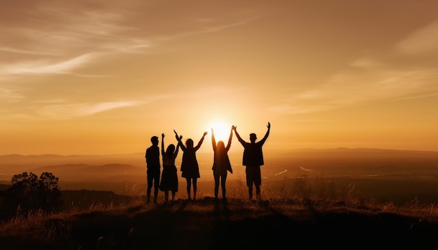 Silhouettes standing on mountain peak arms raised together generated by AI