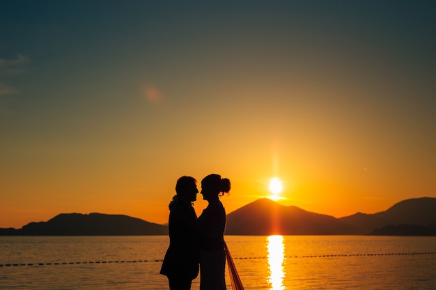 Silhouettes at sunset on the beach