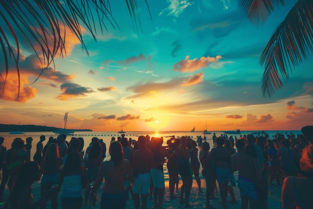 Silhouettes sway in a vibrant sunset at a tropical beach dance party epitomizing summer joy