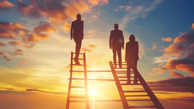 Silhouettes of three business people standing on ladders against a dramatic sunset sky