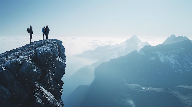 Silhouettes of Three Hikers on Mountain Peak Overlooking Majestic SnowCapped Ranges