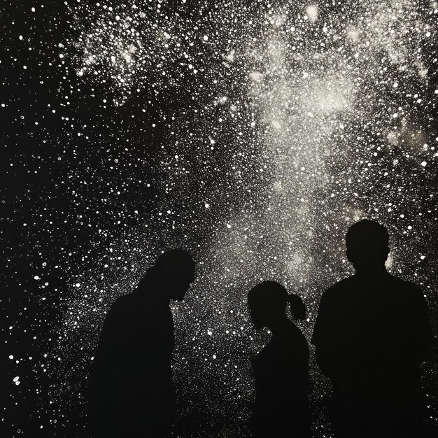 Photo silhouettes of three people standing in front of a projected starry sky