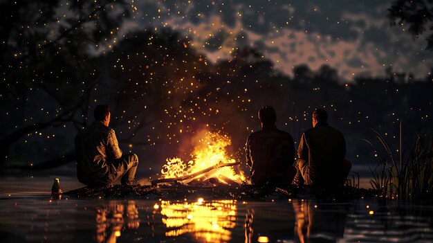 Photo silhouettes of three people watching a campfire at night