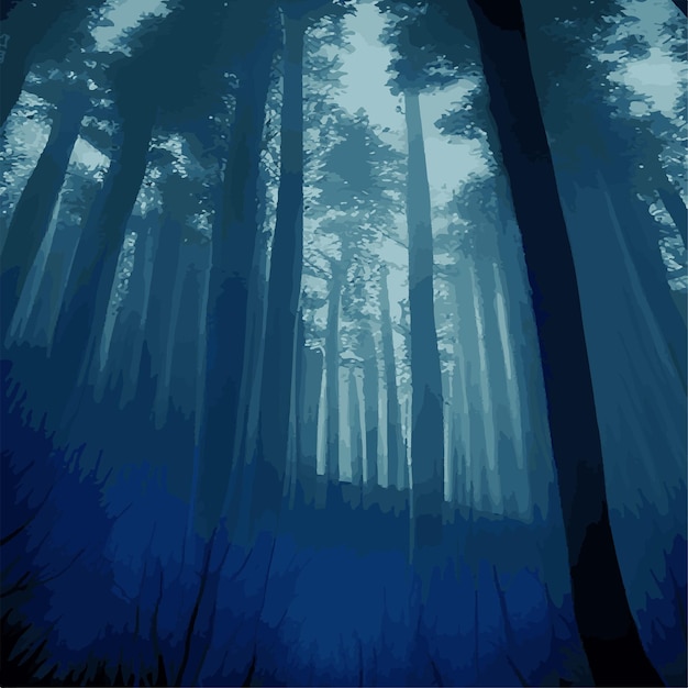 Silhouettes of trees in a dark night forest with a blue haze tint Fantastic mysterious landscape Foggy forest