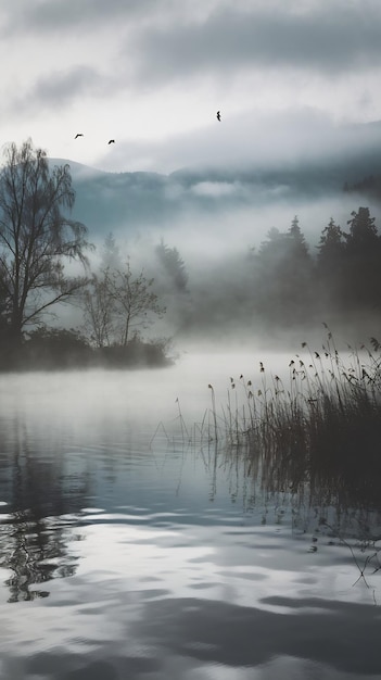 Photo silhouettes of trees and reeds near the misty lake