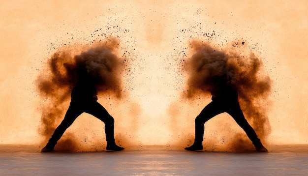 Photo silhouettes of two figures in a dramatic explosion