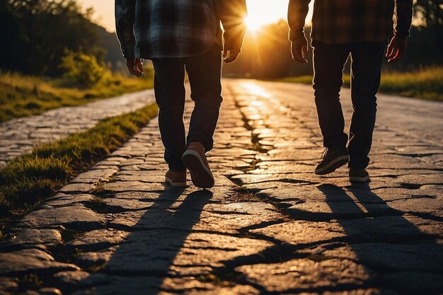 Silhouettes of two friends walking along a path with t