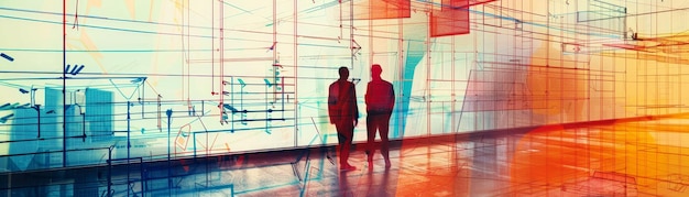 Photo silhouettes of two people standing in a modern colorful office environment discussing business or co