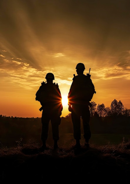 Silhouettes of Two Soldiers Standing Strong Against the Sunset Sky