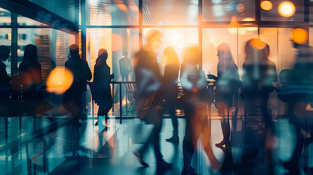 Silhouettes of various individuals collaborating in a blurred coworking space emphasizing the theme of teamwork and cooperation in a toned photograph