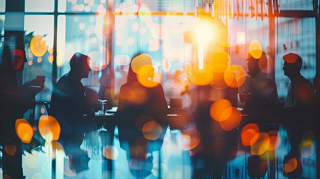 Silhouettes of various individuals collaborating in a blurred coworking space emphasizing the theme of teamwork and cooperation in a toned photograph