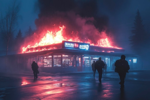 Photo silhouettes walking past a burning convenience store