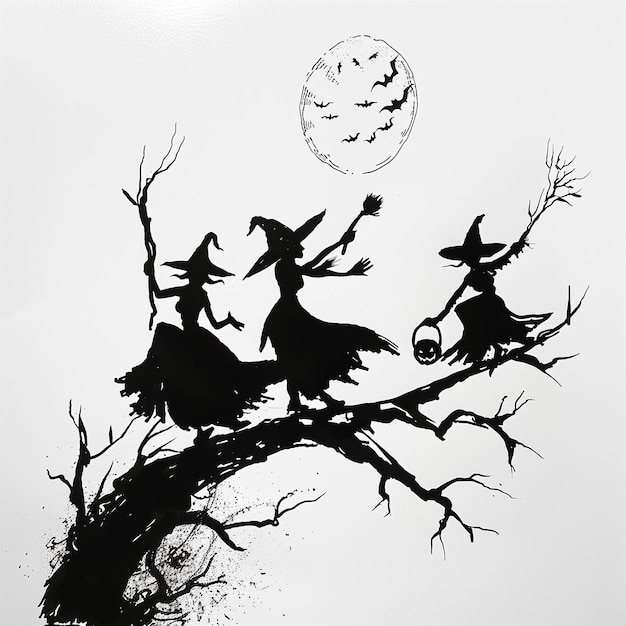 Silhouettes of witches dancing at a sabbath Halloween postcard